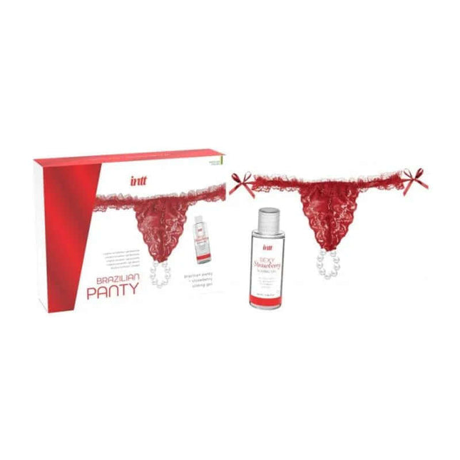 Red Brazilian Panty and Strawberry Slide Gel 50 ml set with red lace lingerie and strawberry-flavored gel on display.