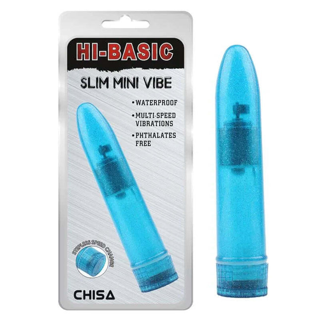 Slim Mini Vibe Blue: Multivibration Waterproof Vibrator packaging and product in blue color.