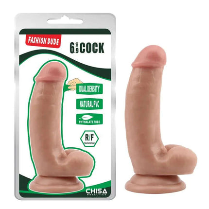 Realistic Dual Density Dildo 6.9 Flesh featuring lifelike design and dual-density construction, phthalate-free material, with packaging