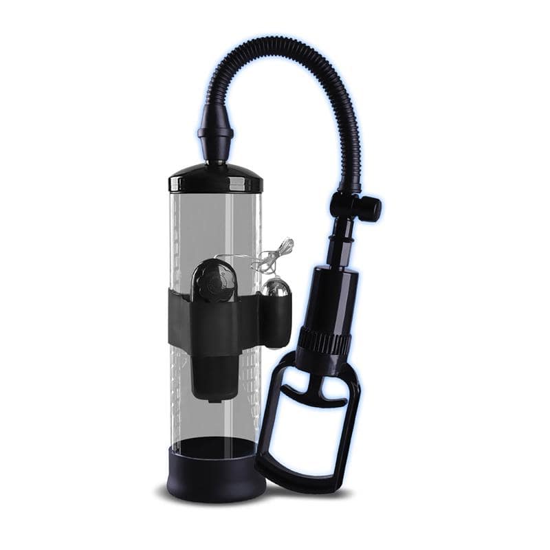 Transparent manual penis pump with black vibration attachment and flexible hose connected to a hand pump handle.