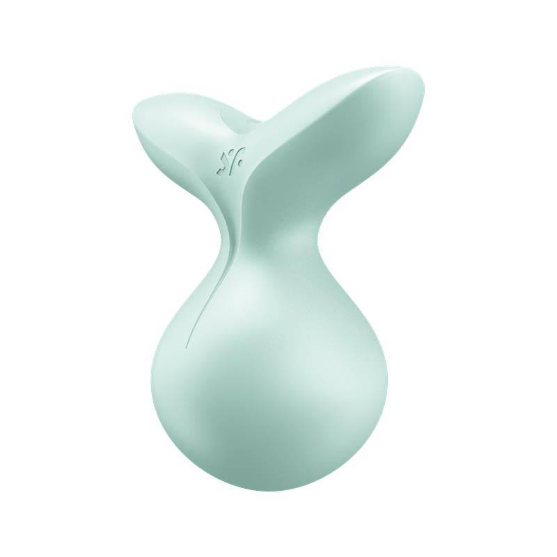 Mint green curved silicone stimulator with a bulbous base and split top design.