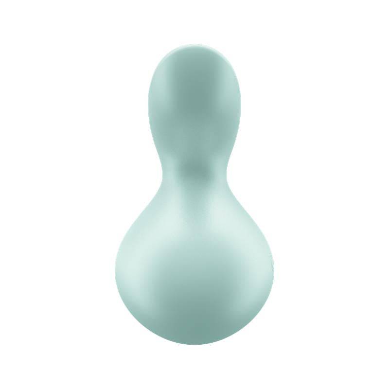 Mint green smooth silicone ergonomic stimulator with rounded bulb and narrow neck design.
