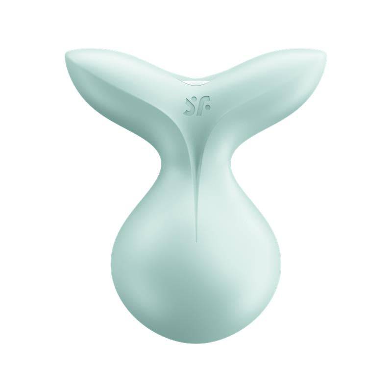 Mint green silicone stimulator with a unique butterfly wing shape and smooth texture.