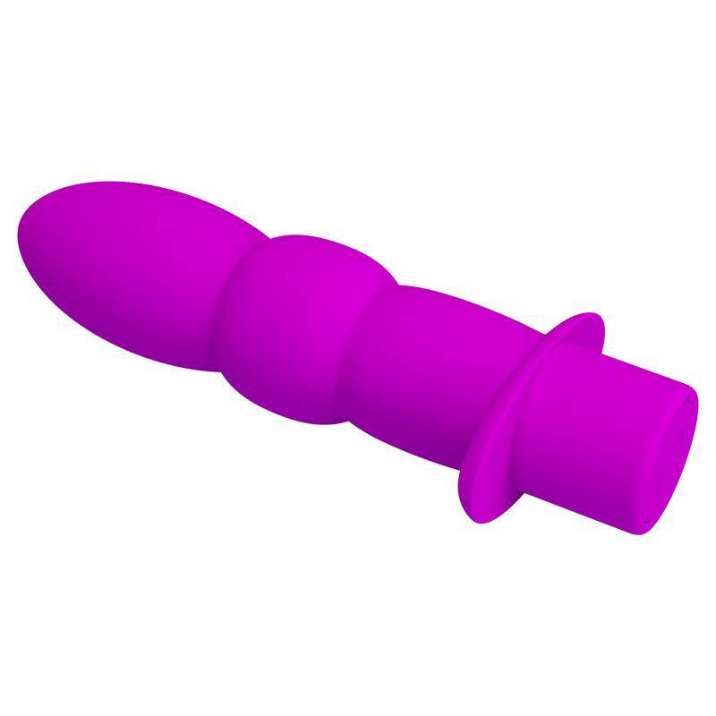 Pink silicone butt plug with a tapered tip, bulbous midsection, and flared base with control button.