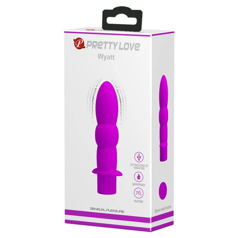 Pink silicone butt plug with three graduated rounded segments and a flared base in white and purple packaging.