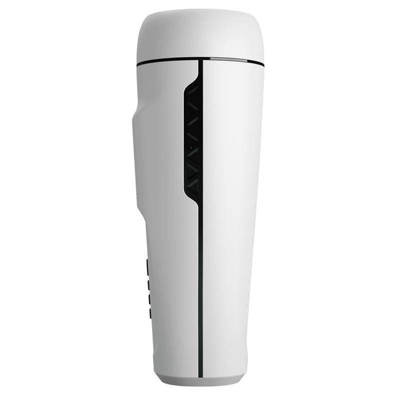 White cylindrical male masturbator with textured black grip panel and control buttons on the side.