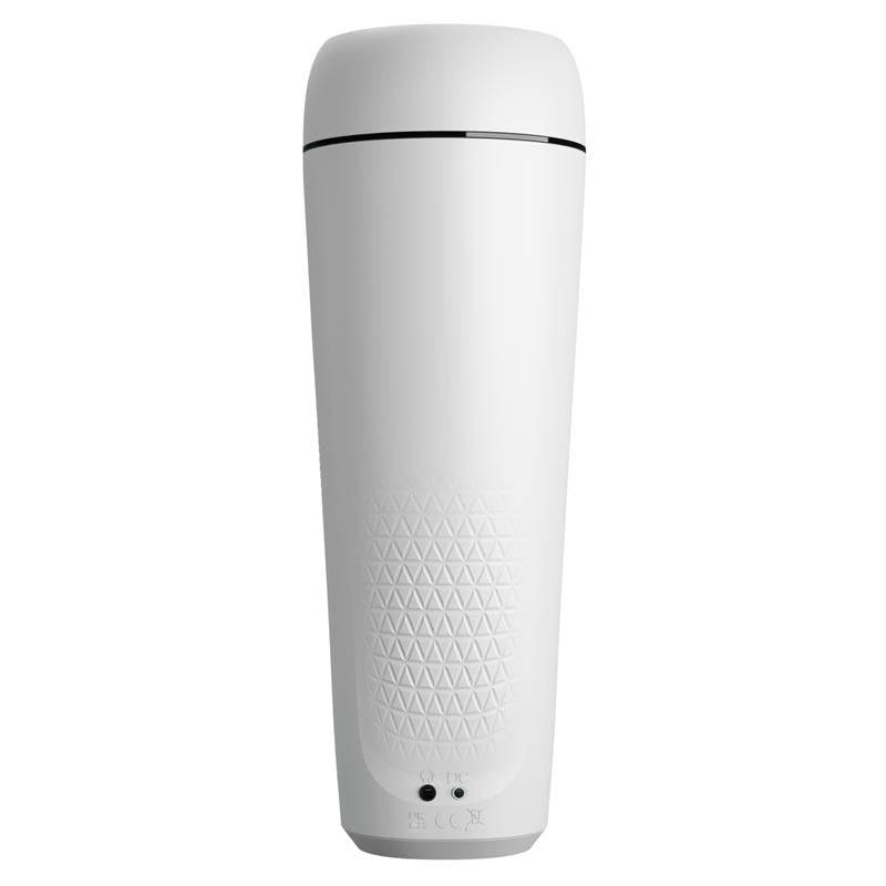 White cylindrical male masturbator with textured grip and two small indicator lights at the base.