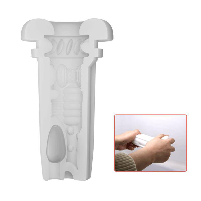 White cross-section of Sienna male masturbator showing internal textured design and separate inset of hands holding the.