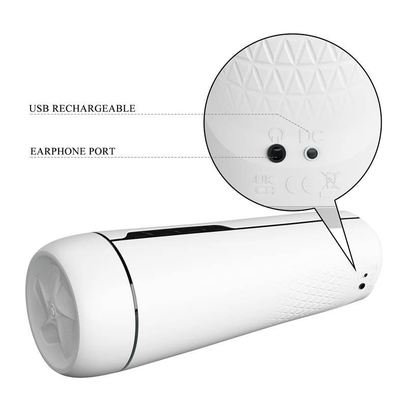 White cylindrical male masturbator with textured cap, USB charging and earphone ports visible.