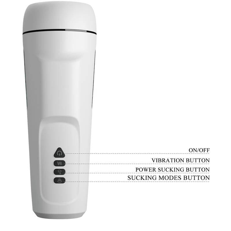 White handheld male masturbator with vibration and suction controls, labeled buttons on front.