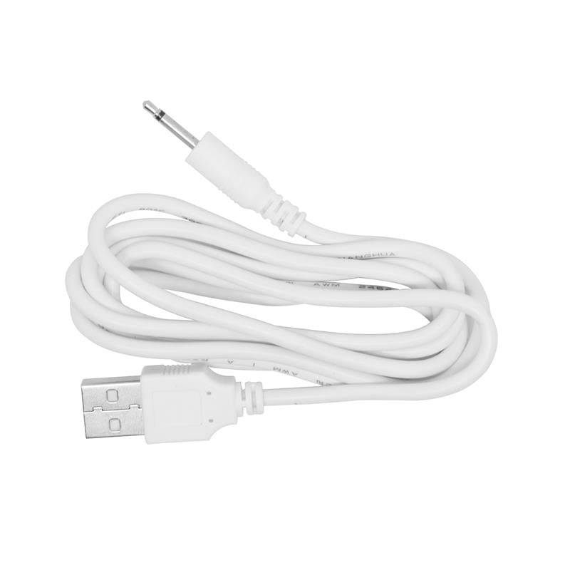 White USB charging cable with a 3.5mm audio-style connector on one end and a standard USB-A plug on the other.