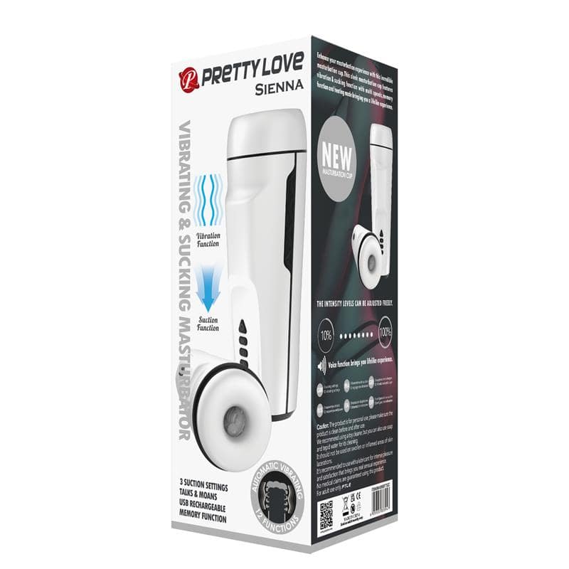 White and gray Sienna male masturbator with vibration, suction, and sex talk features in packaging box.