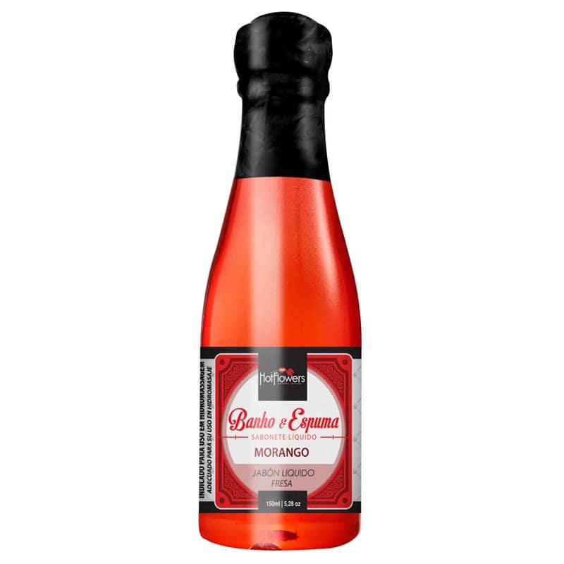 Red 150 ml bottle of Hot Flowers Strawberry bath foam with black cap and white label.