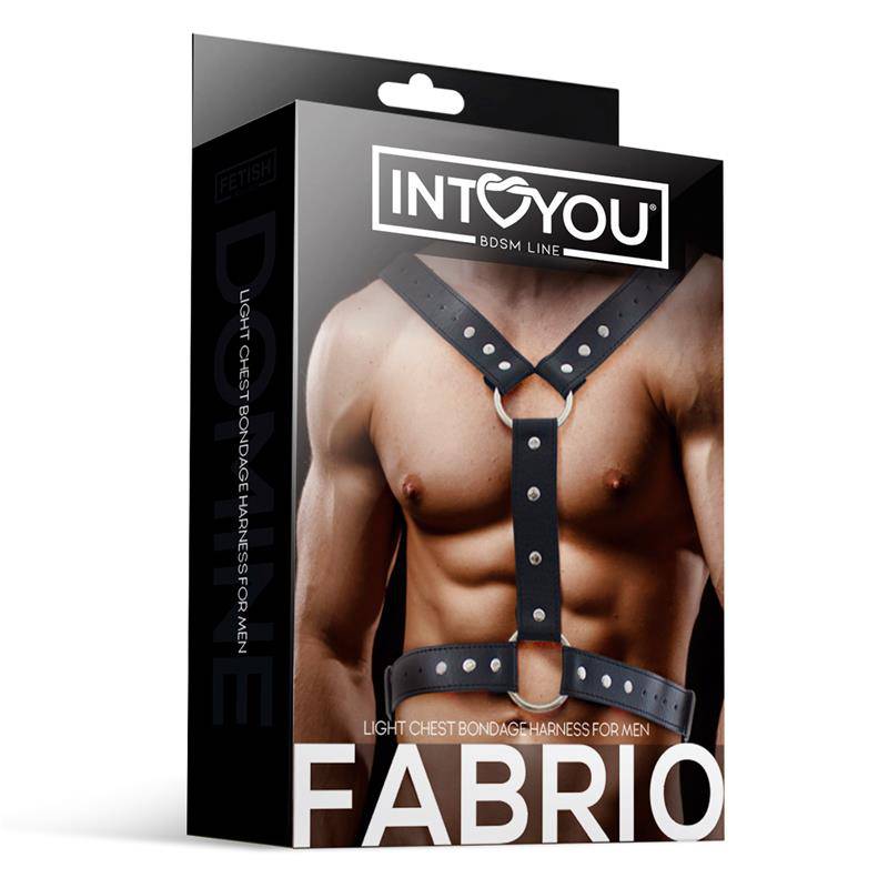 Black vegan leather male chest bondage harness with adjustable silver studs and buckles on packaging box.