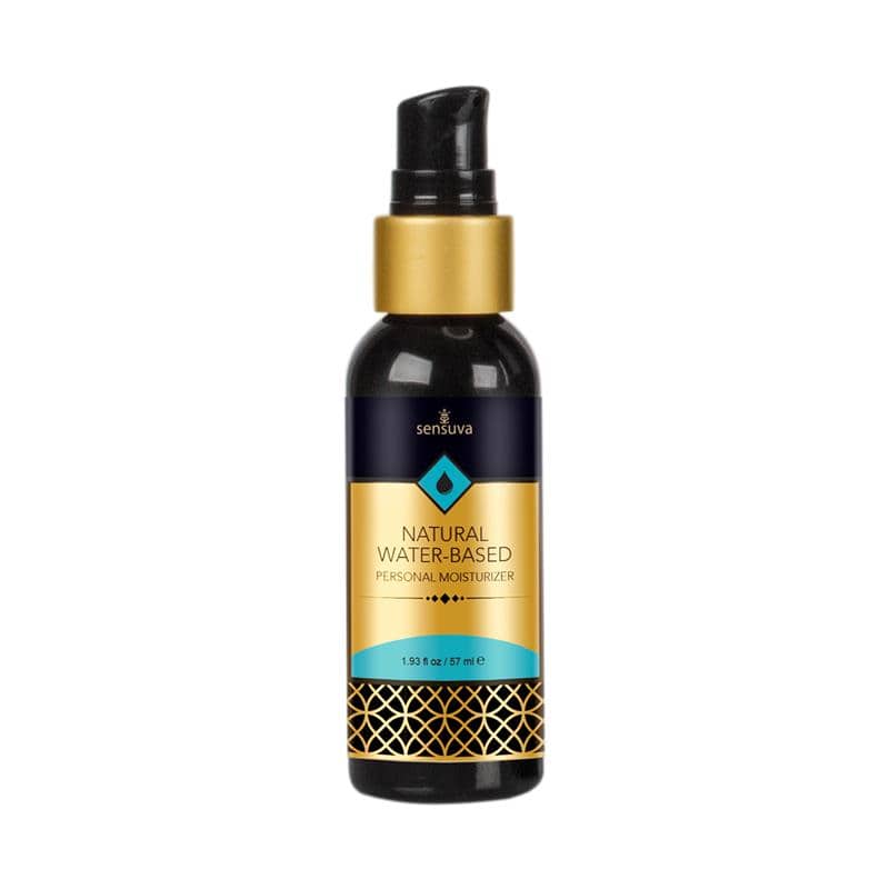 Black pump bottle with gold and teal label for natural water-based lubricant, 57 ml.