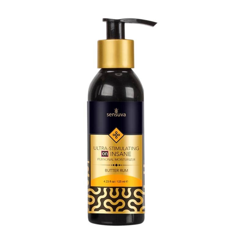 Black and gold 125ml pump bottle of Sensuva Insane Arousal Glide Hot Butter Rum lubricant.