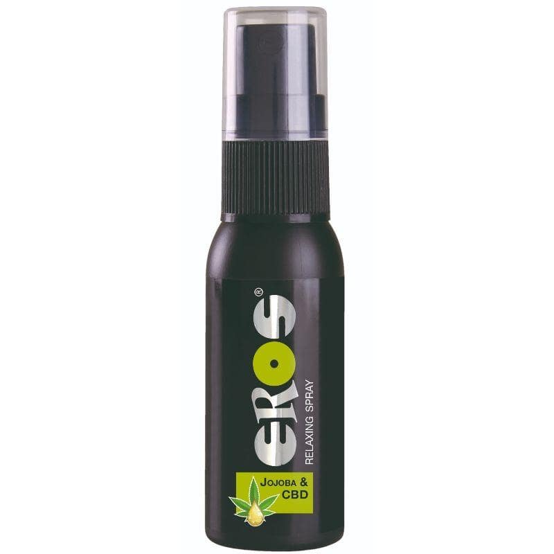 Black 30ml spray bottle with clear cap labeled EROS Relaxing Spray Jojoba & CBD.