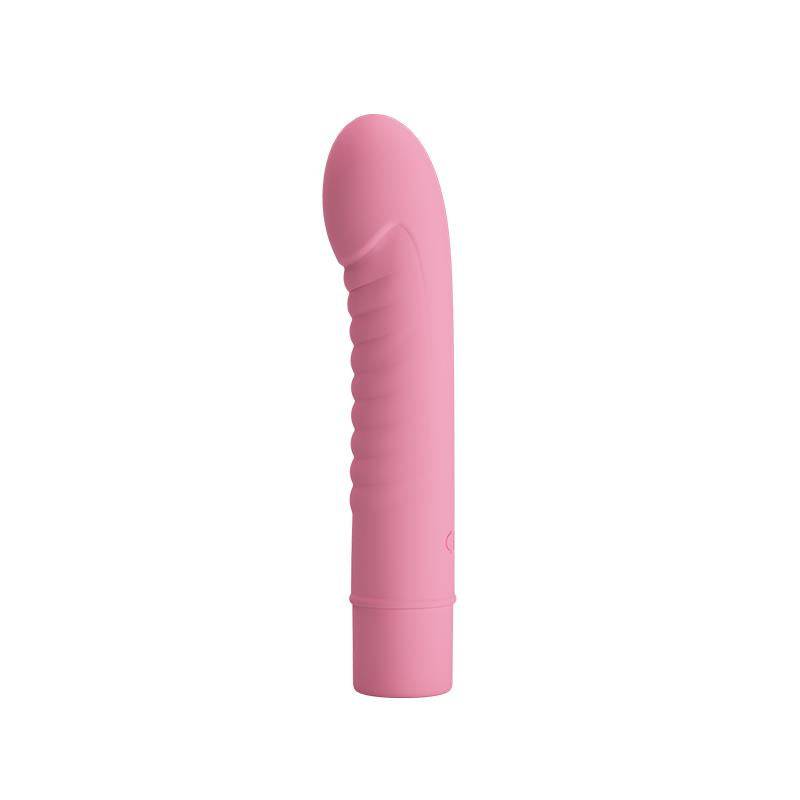 Pink silicone vibrator with curved tip and textured ridges along the shaft.