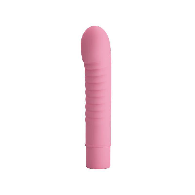 Smooth pink silicone personal stimulator with rounded tip and ribbed texture on shaft.