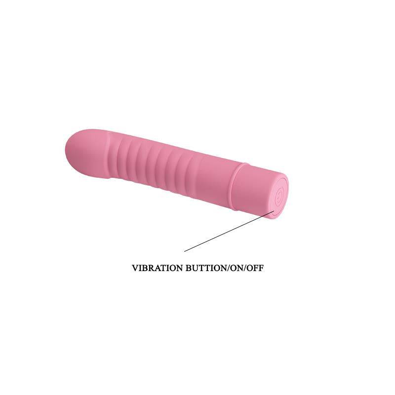 Pink silicone stimulator with ribbed texture and smooth tip, featuring an on/off vibration button at the base.