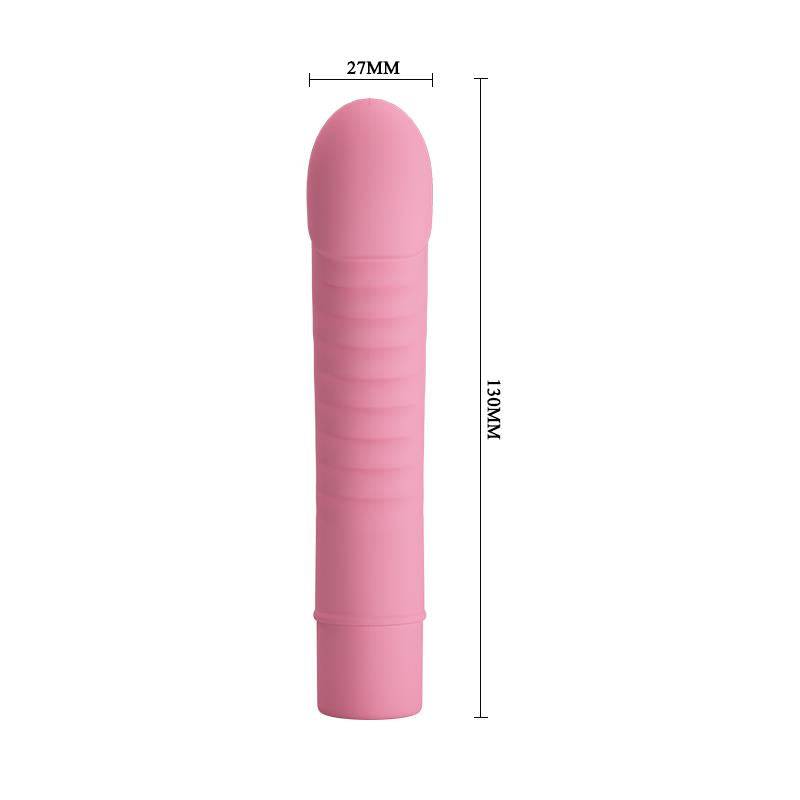 Pink silicone vibrator with smooth rounded tip and ridged shaft, measuring 140mm long and 27mm wide.