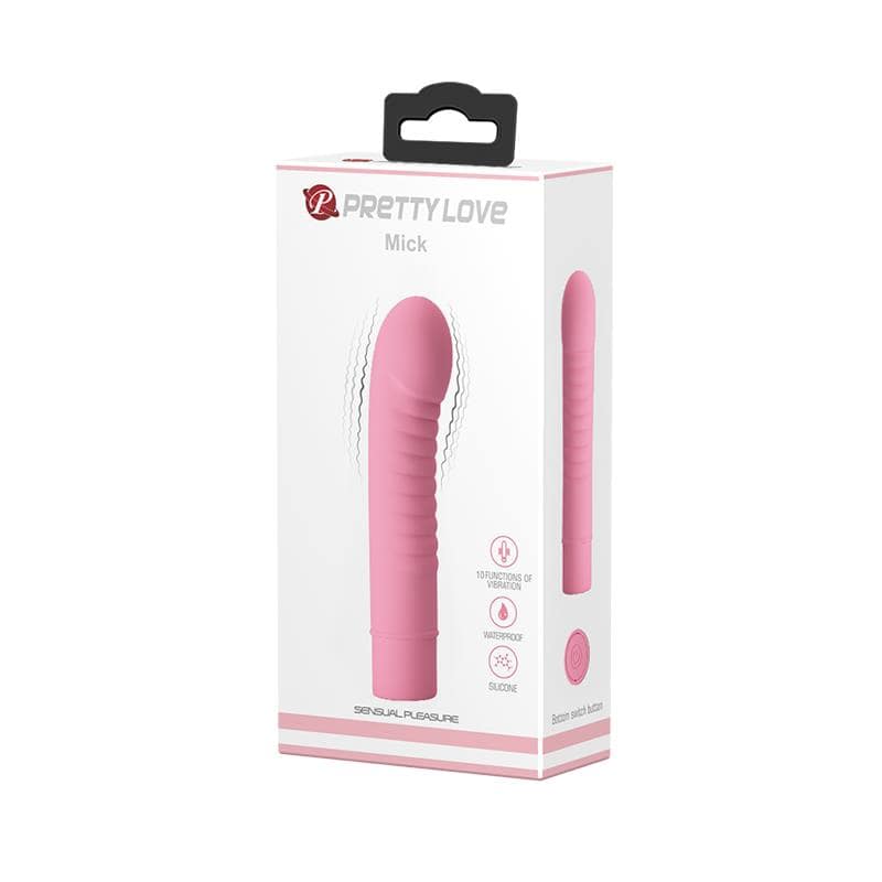Pink silicone stimulator with curved tip and ribbed texture, in white and pink PrettyLove packaging.