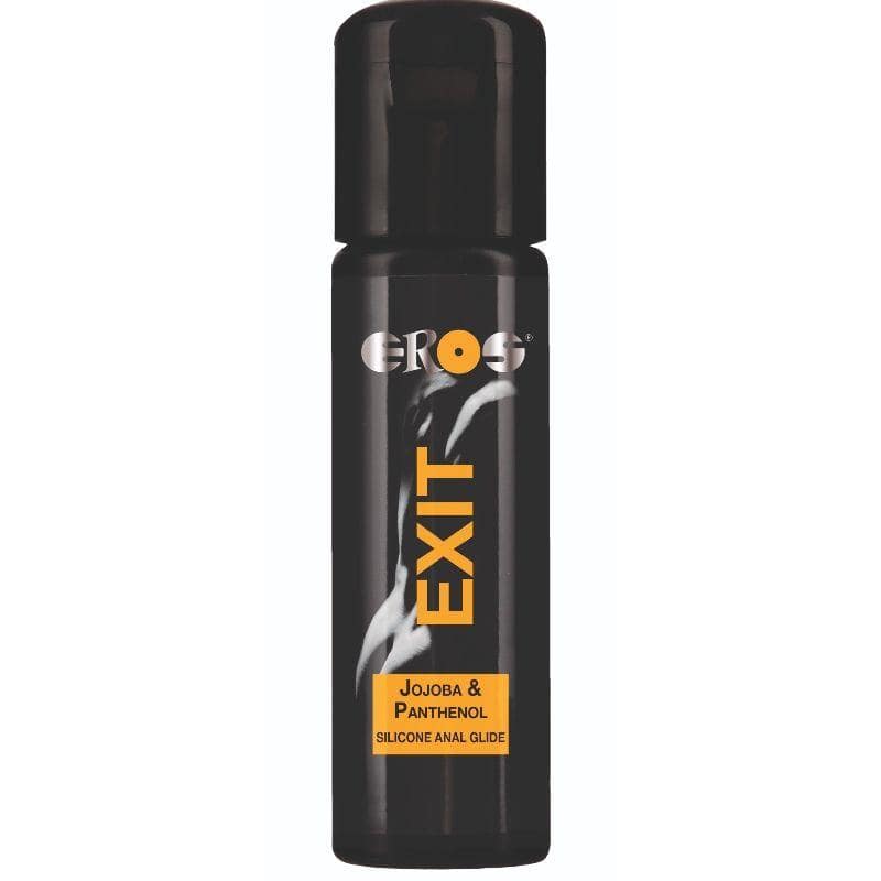 Black bottle of EROS Exit Anal Base Lubricant with orange and white text, 100 ml.