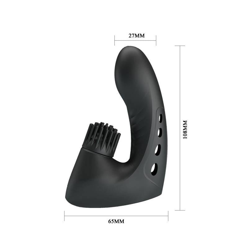 Black curved silicone stimulator with rotating brush attachments and USB charging port, 110mm tall and 65mm wide.