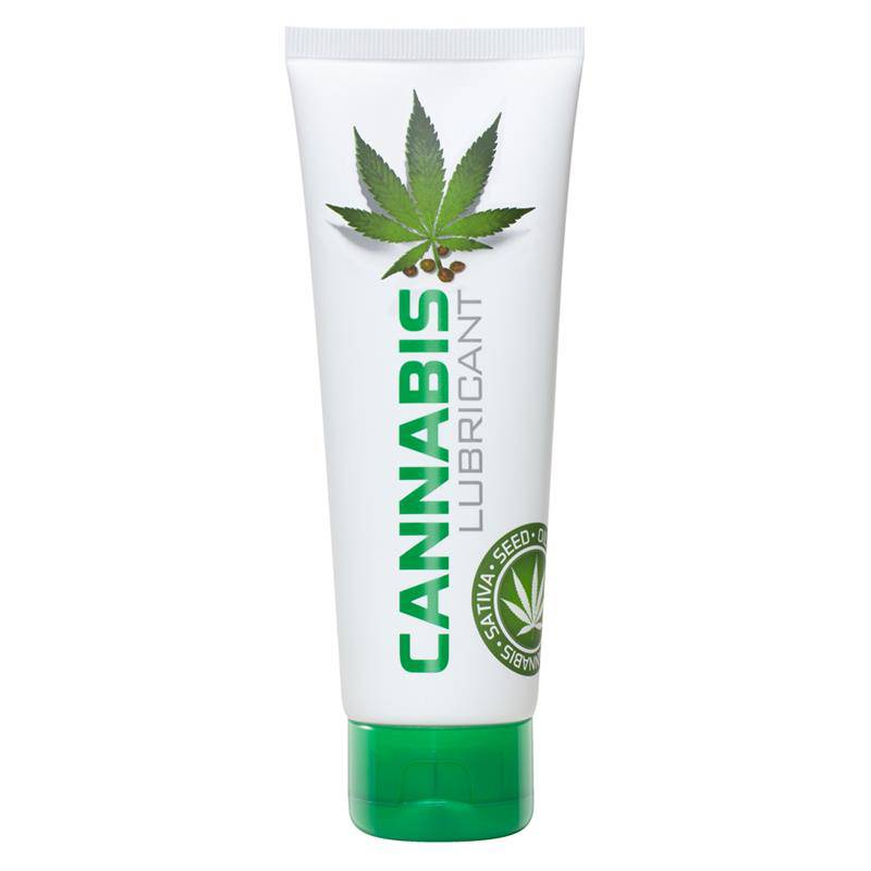 White tube with green cap labeled Cannabis Lubricant featuring a cannabis leaf and Cobeco Pharma logo.