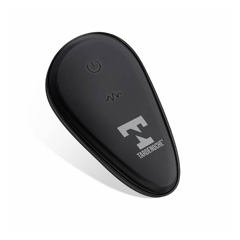 Black teardrop-shaped remote control with power and wave buttons, TARDENOCHE logo visible.