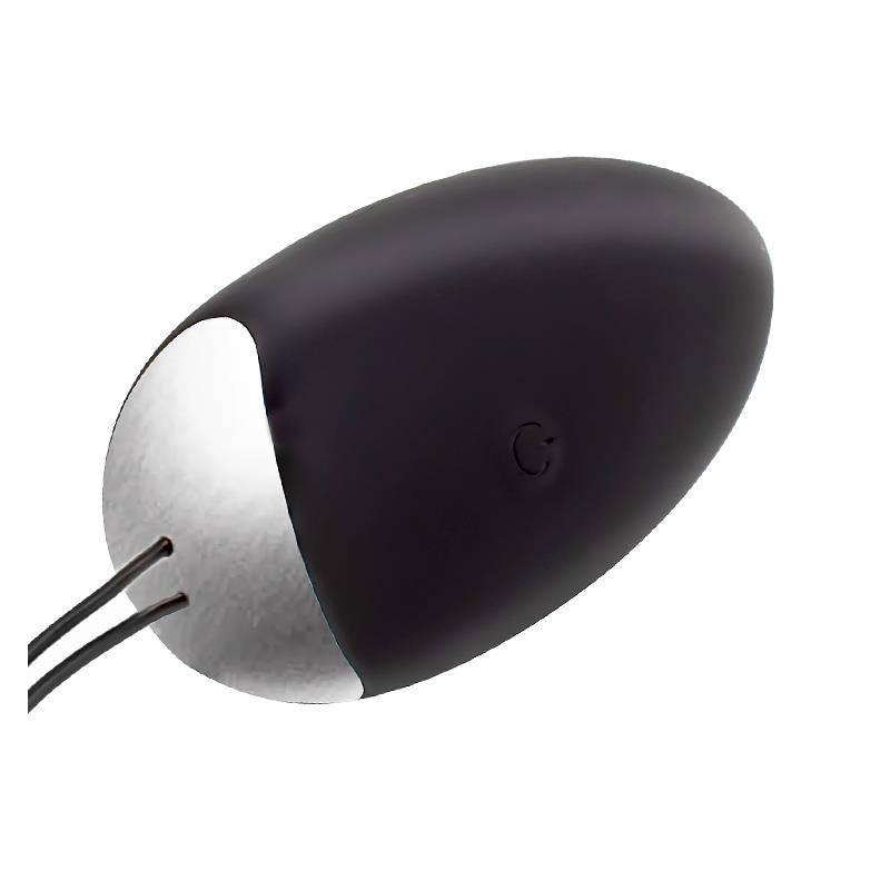 Black and silver Ralan vibrating egg with attached black wire and smooth matte finish.
