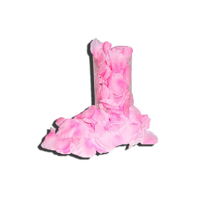 Scattered soft pink fabric rose petals in a loose pile on white background.