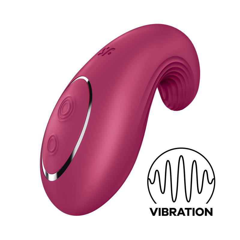 Curved berry red silicone vibrator with two buttons and ergonomic design.