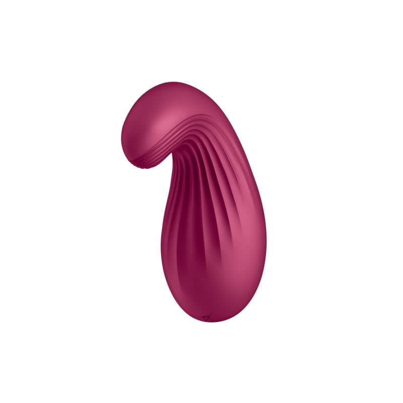 Curved berry-colored silicone vibrator with textured ridges and ergonomic design.