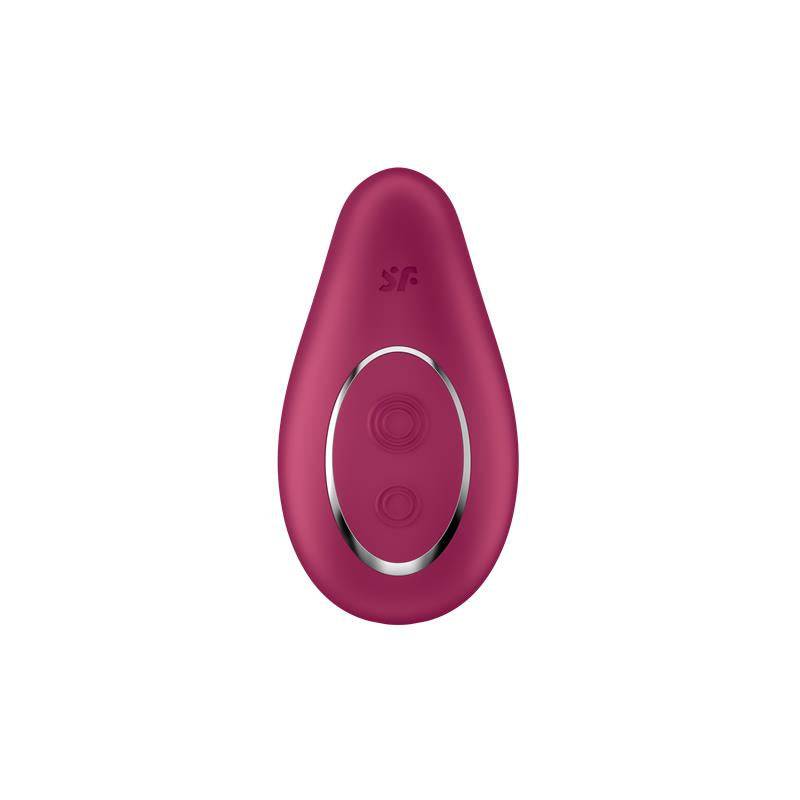 Berry red silicone vibrator with two-button control and silver trim ring.
