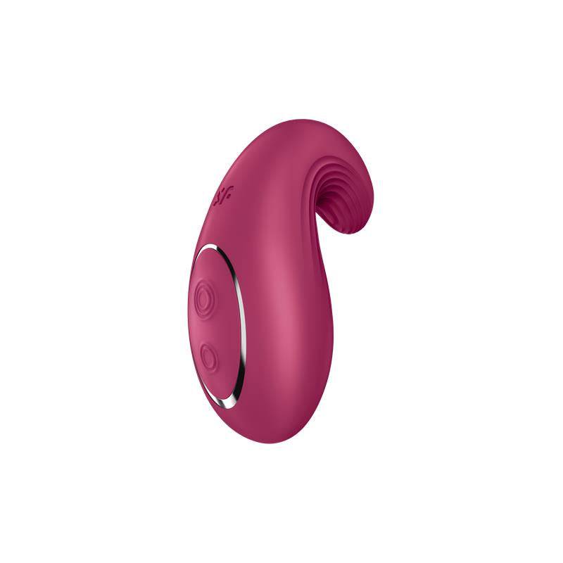 Curved deep berry red silicone vibrator with textured tip and silver accent button panel.