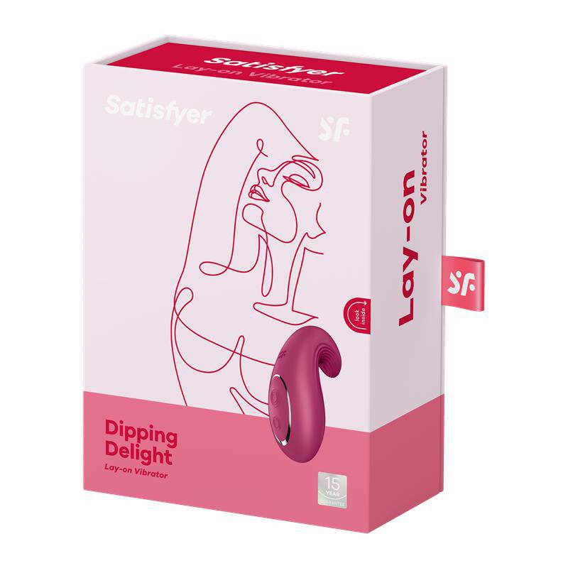 Pink and burgundy SATISFYER Vibe Dipping Delight Berry vibrator with curved design, shown with packaging box.