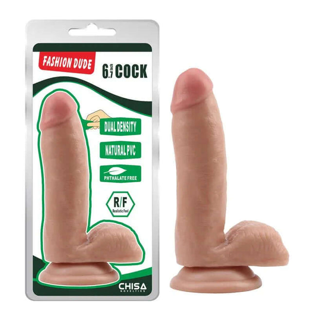 Dildo Dual Density Fashion Dude 6.7 Flesh with packaging, realistic and phthalate-free, featuring suction cup.