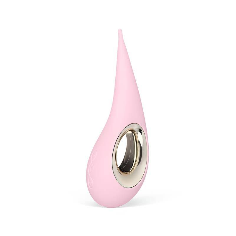 Pink silicone clitoris stimulator with teardrop shape and metallic oval control panel.