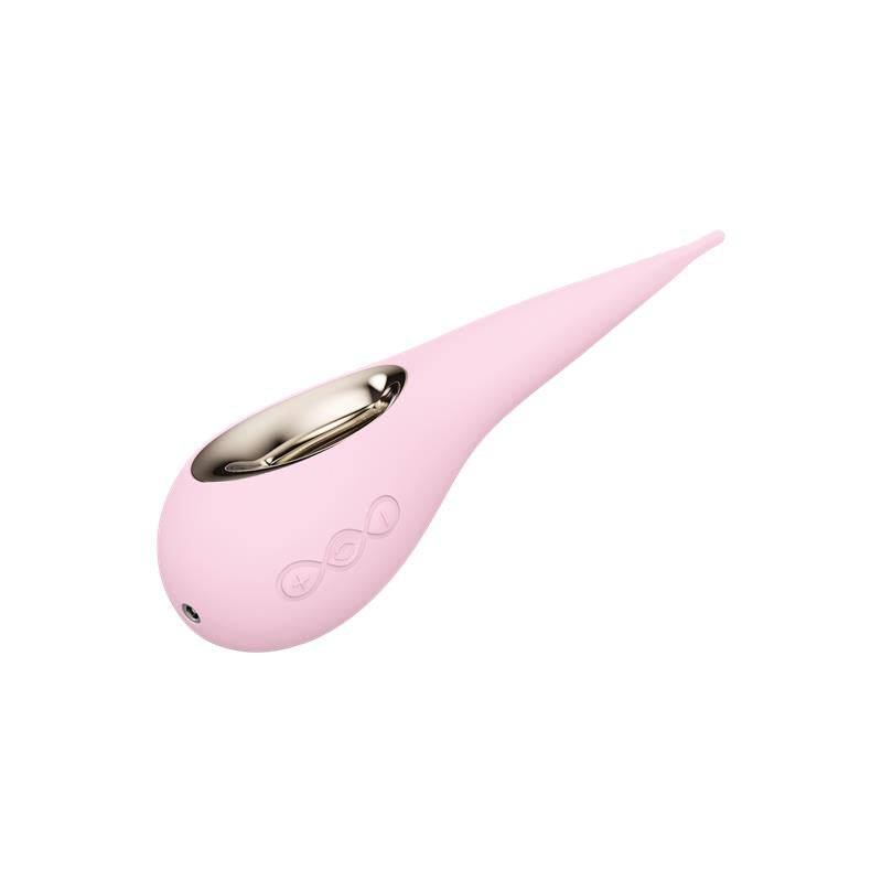 Pink sleek clitoris stimulator with elongated tip and metallic oval control panel.