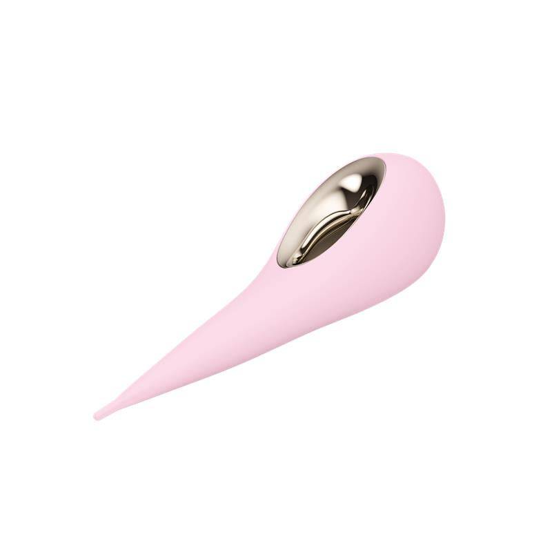 Pink silicone clitoral stimulator with smooth teardrop shape and metallic accent panel.