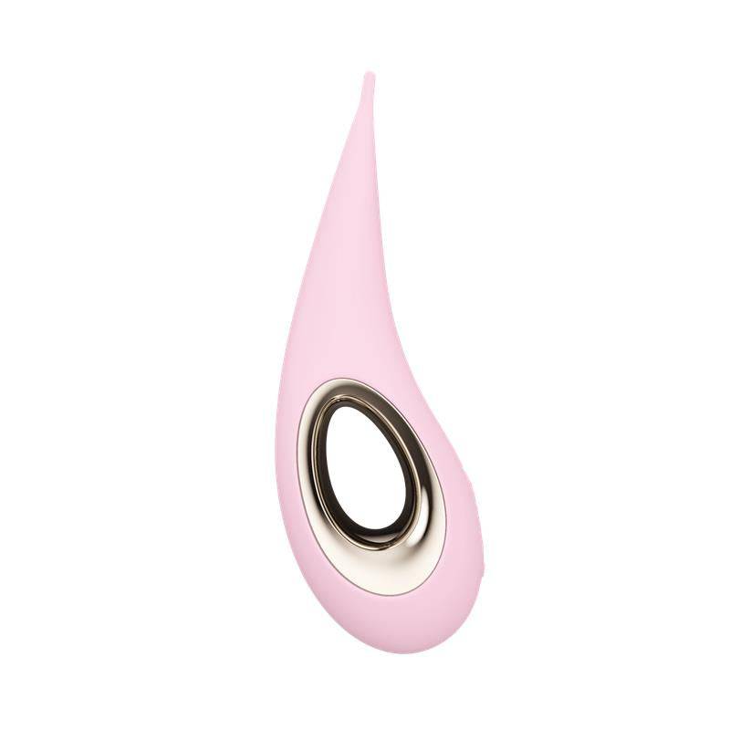 Pink silicone clitoris stimulator with ergonomic teardrop shape and metallic oval center opening.