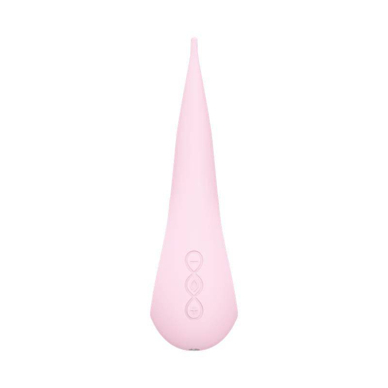 Pink silicone clitoris stimulator with three textured circular patterns and tapered tip.