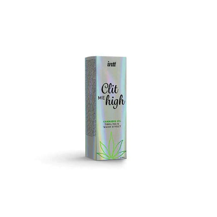 Product packaging for Clitoris Stimulator Clit Me High With cannabis seed oil, featuring a sleek design and cannabis leaf graphic.