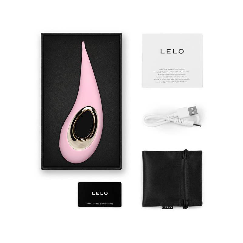 Pink Lelo Dot clitoris stimulator with USB charging cable, black storage pouch, and manuals in black box.