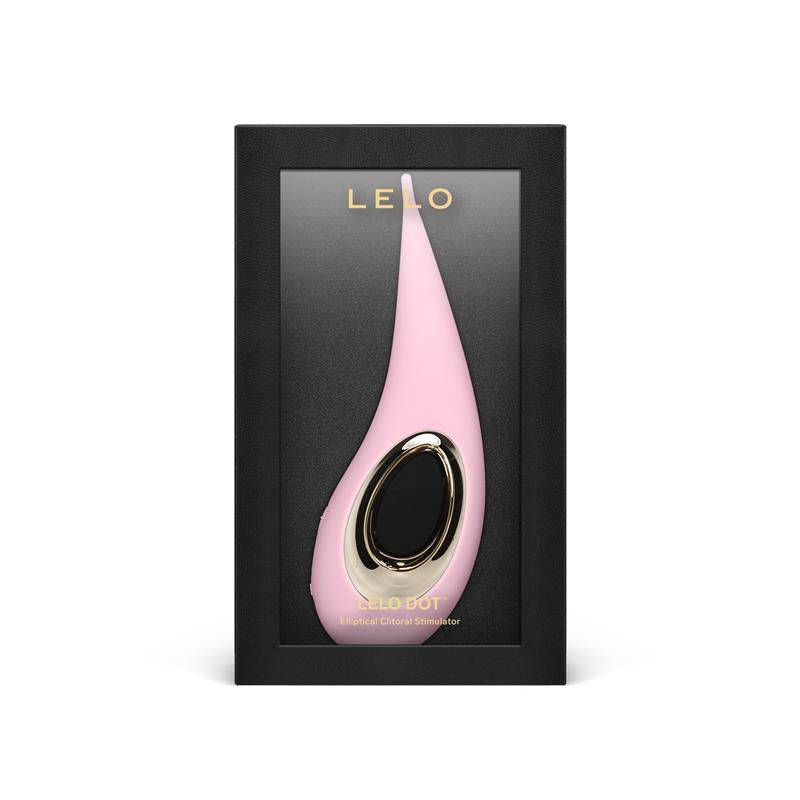 Pink LELO Dot clitoris stimulator with gold-accented oval control, in black packaging.
