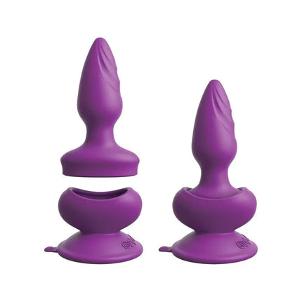 Purple Wall Banger Butt Plug with Vibration featuring magnetic remote and suction cup for hands-free play.