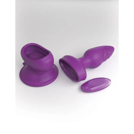 Purple Butt Plug with Vibration, featuring suction base, magnetic remote, and USB recharge, offering customizable stimulation experiences.