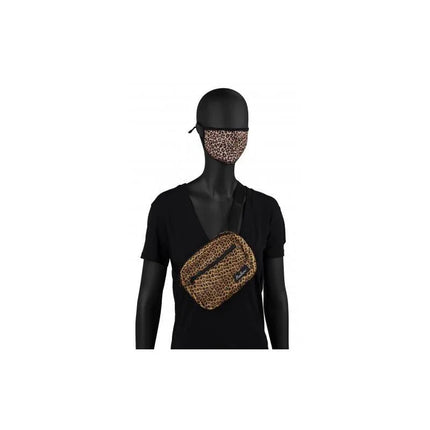 Mannequin wearing leopard print Face Mask with PM2.5 Filter and matching crossbody bag for stylish protection.