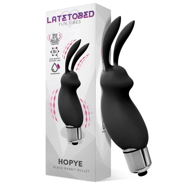 Hopye Rabbit Vibrating Bullet Silicone Black in packaging, featuring premium silicone and waterproof design for intimate stimulation.